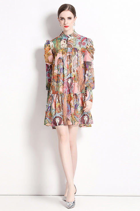 Runway Fashion Autumn Soft Satin Abstract Print, Mock Neck, Lantern Sleeve Office, Party, Holiday's Dress